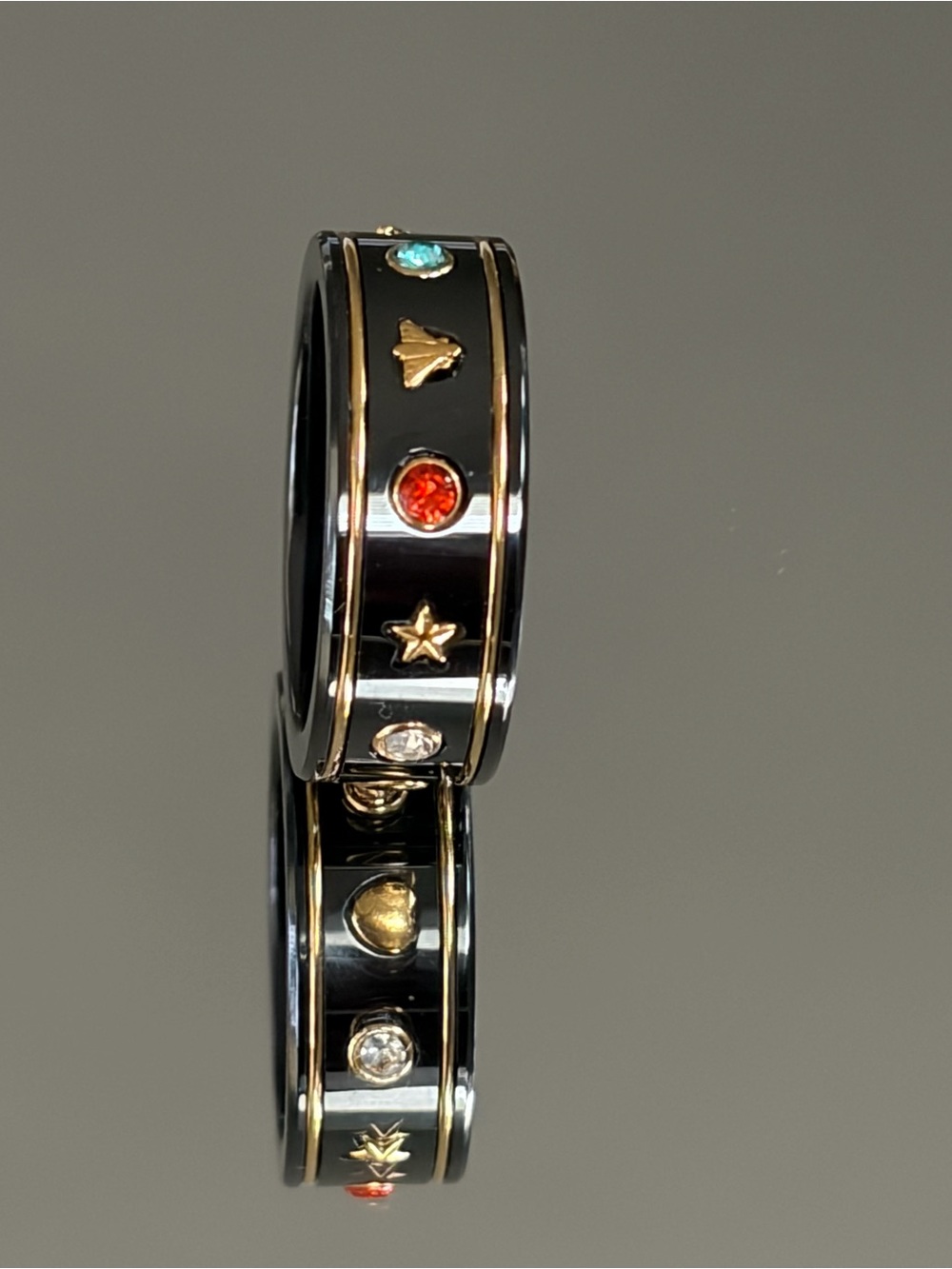 Monogram Black Enamel Ring with Multicolor Crystal Accents NWOT 7